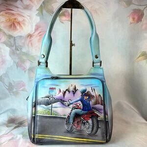 Anuschka Hand Painted Leather Open Road Motorcycle Route 66 Satchel Purse